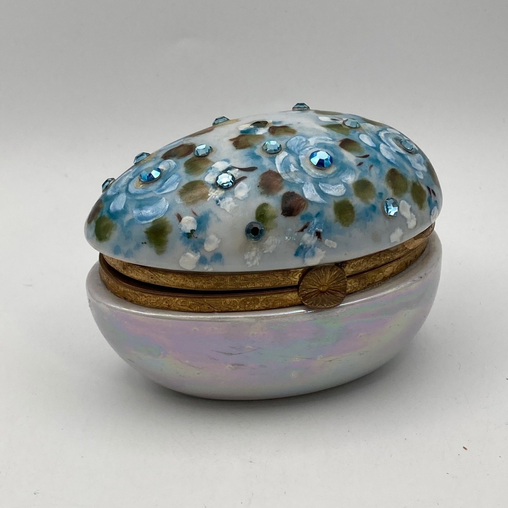 Vtg Hand Painted Porcelain Egg Trinket Box Iridescent Blue Floral 1976 Signed
